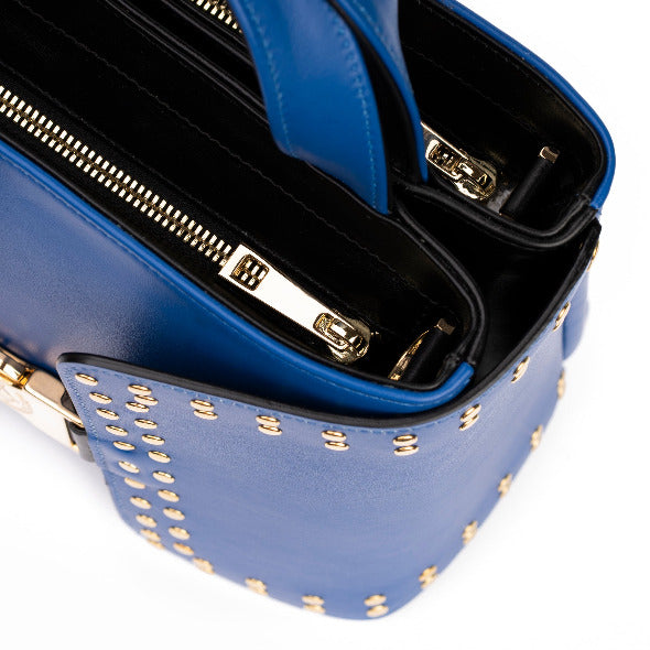 Reversible Calfskin Leather Cobalt Blue & Black 'Madison' Crossbody with Double Studded Square Wings