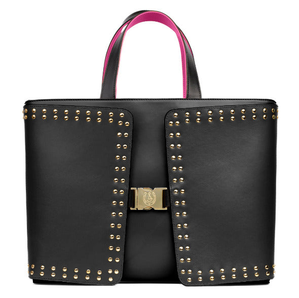 Reversible Calfskin Leather Magenta & Black  'Madison' Tote with Double Studded Square Wings