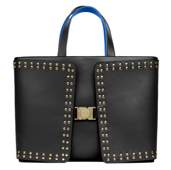 Reversible Calfskin Leather Cobalt Blue & Black 'Madison' Tote with Double Studded Square Wings