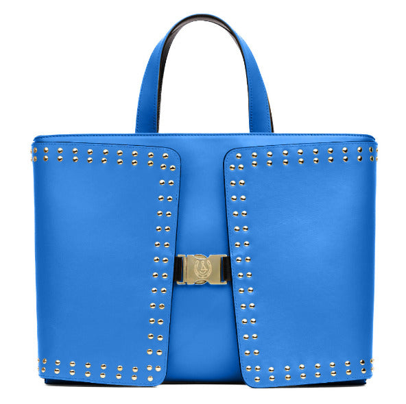 Reversible Calfskin Leather Cobalt Blue & Black 'Madison' Tote with Double Studded Square Wings