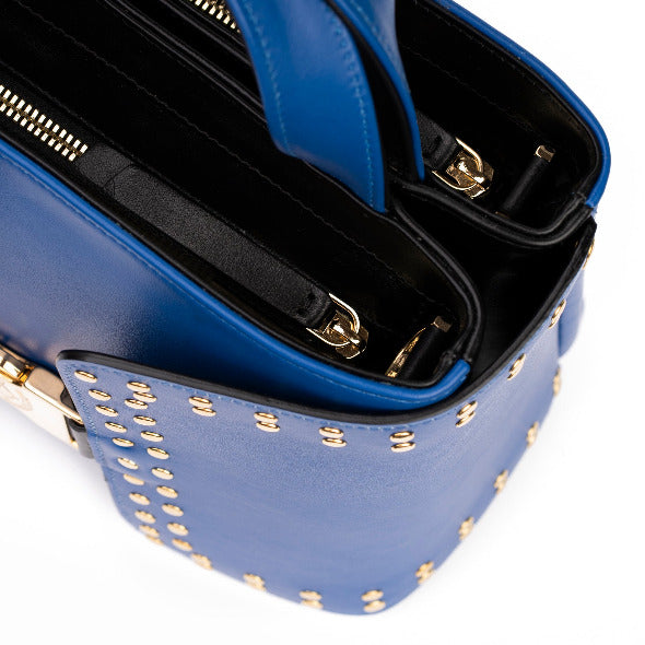 Reversible Calfskin Leather Cobalt Blue & Black 'Madison' Tote with Double Studded Square Wings