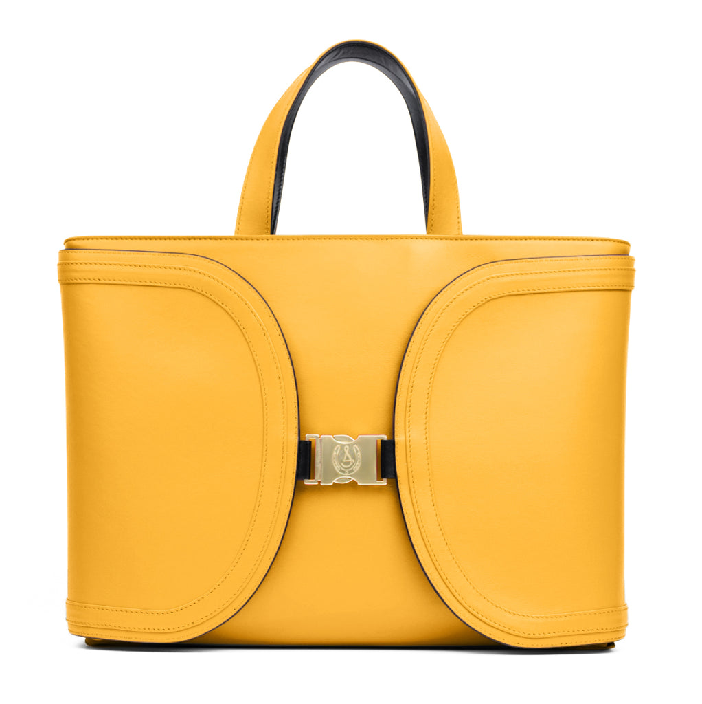 Reversible Tuscany Yellow & Black Calfskin Leather 'YaYa' Tote Bag with Curved Flaps