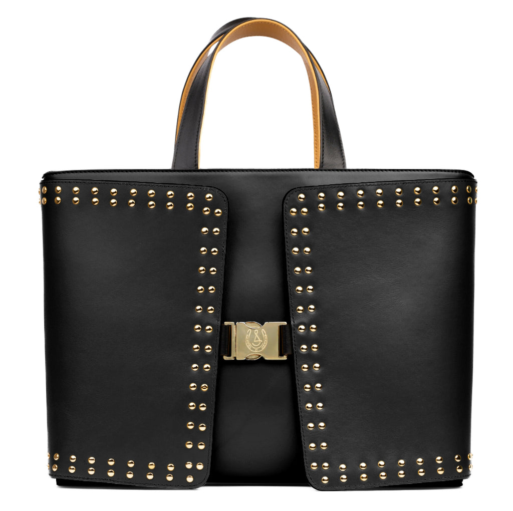Reversible Calfskin Leather Tuscany Yellow & Black 'Madison' Tote with Double Studded Square Wings